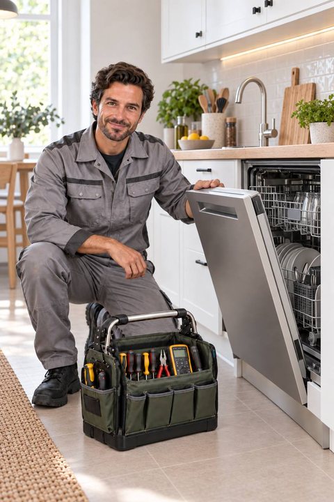 Cooper River Appliance technician at an open panel-front dishwasher in a Charleston kitchen