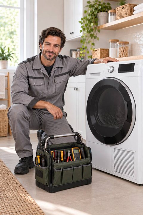 Cooper River Appliance technician beside a front-load dryer in a Charleston laundry room
