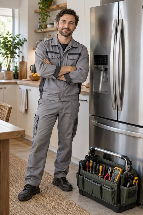 Cooper River Appliance technician beside a stainless French-door refrigerator in a downtown Charleston kitchen