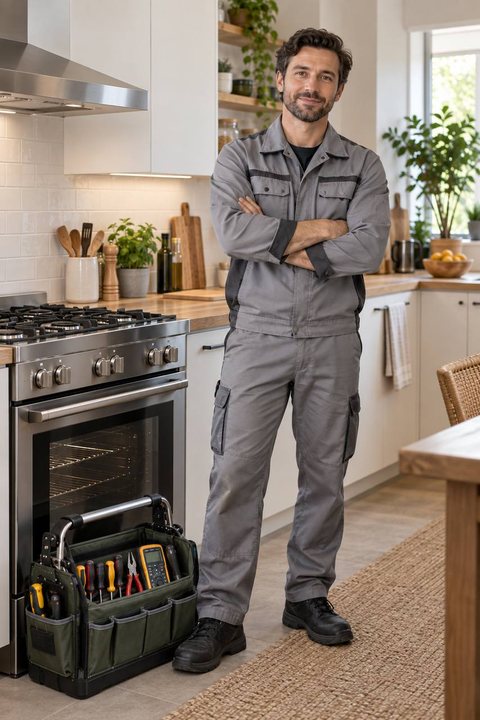 Cooper River Appliance technician at a stainless gas range in a Charleston kitchen
