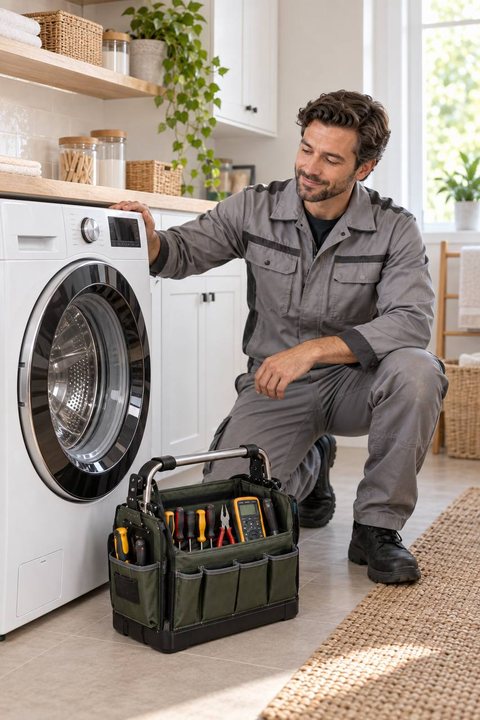 Cooper River Appliance technician checking a front-load washer in a Charleston laundry room